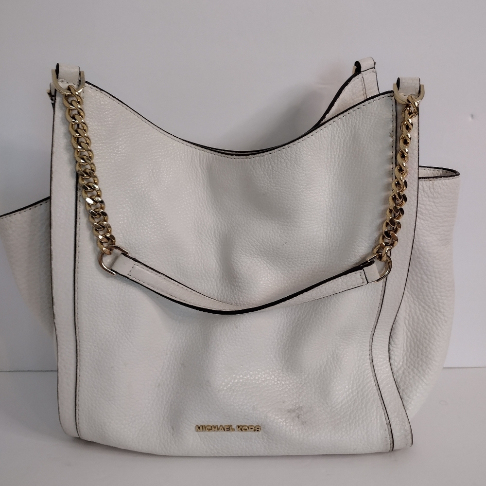 Michael Kors Newbury Leather Shoulder Bag Gold Chain Handles Off White - Picture 3 of 10